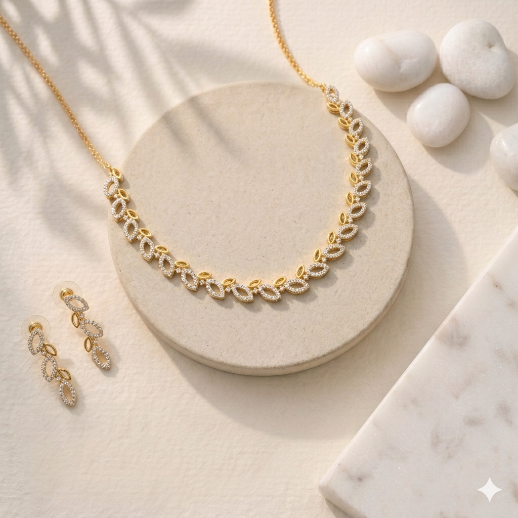 Crystal Leaf Design Gold Finish Necklace Set with Earrings view 2