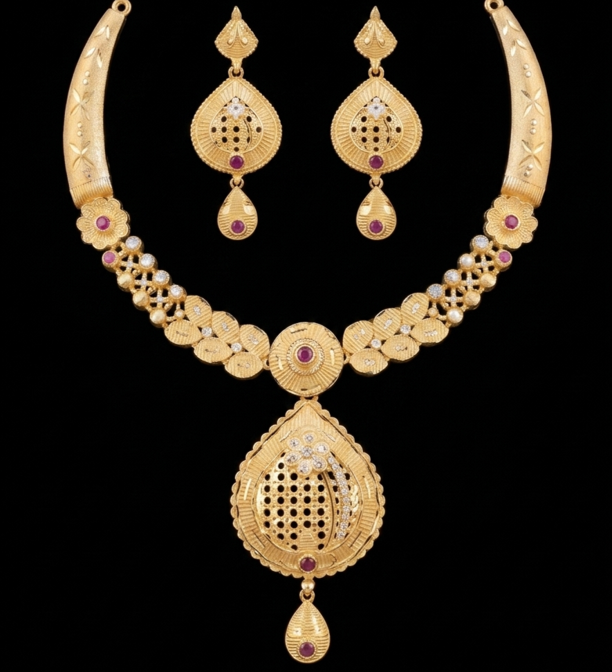 Traditional Ruby-Toned Floral Medallion Necklace Set