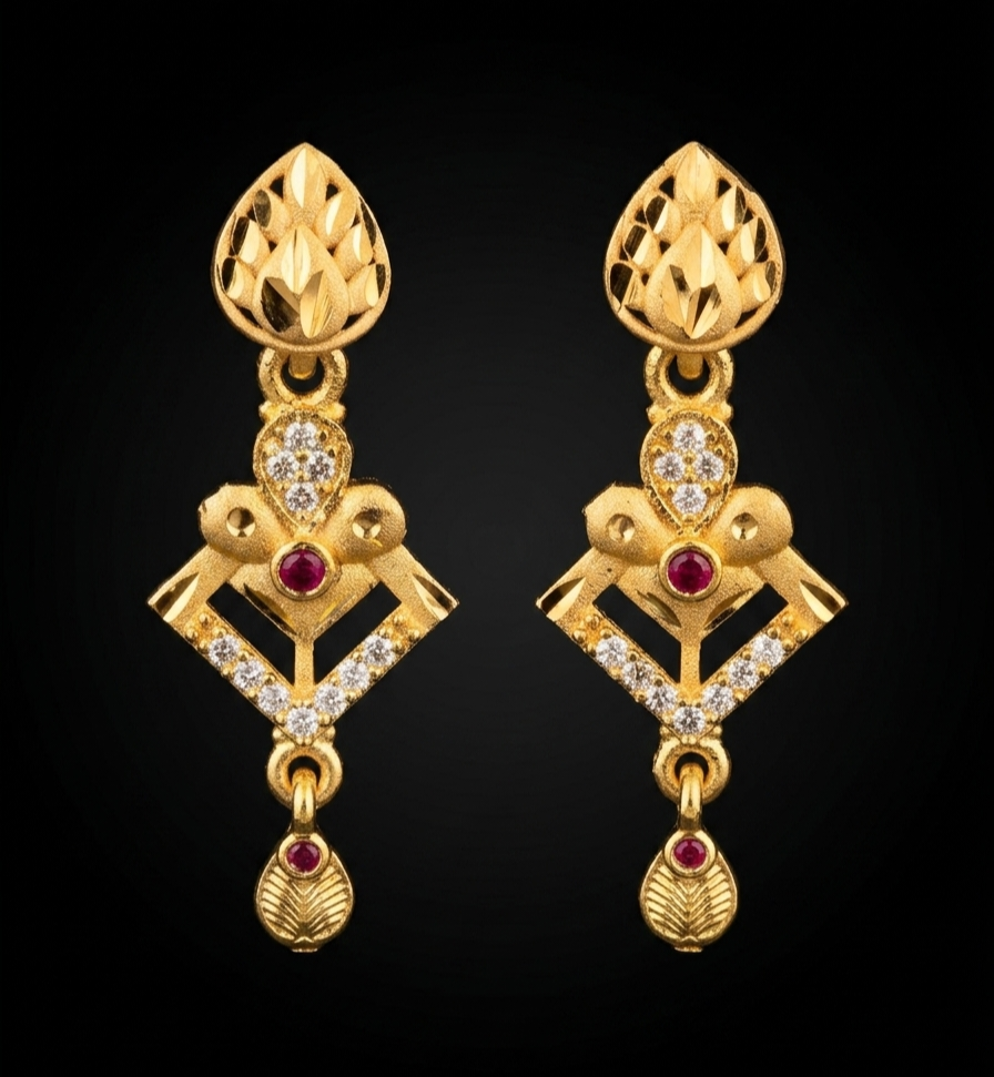 Geometric Ruby-Accented Drop Earrings