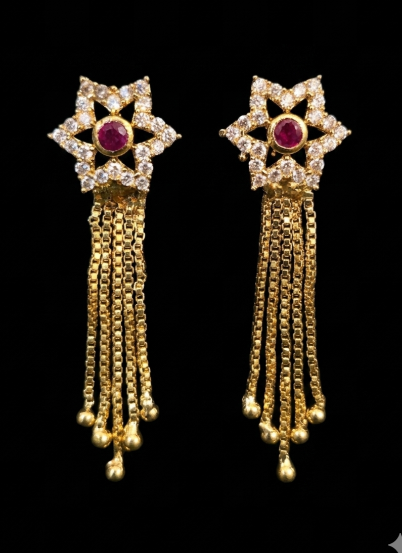 Star-Floral Ruby & Zircon Tassel Earrings