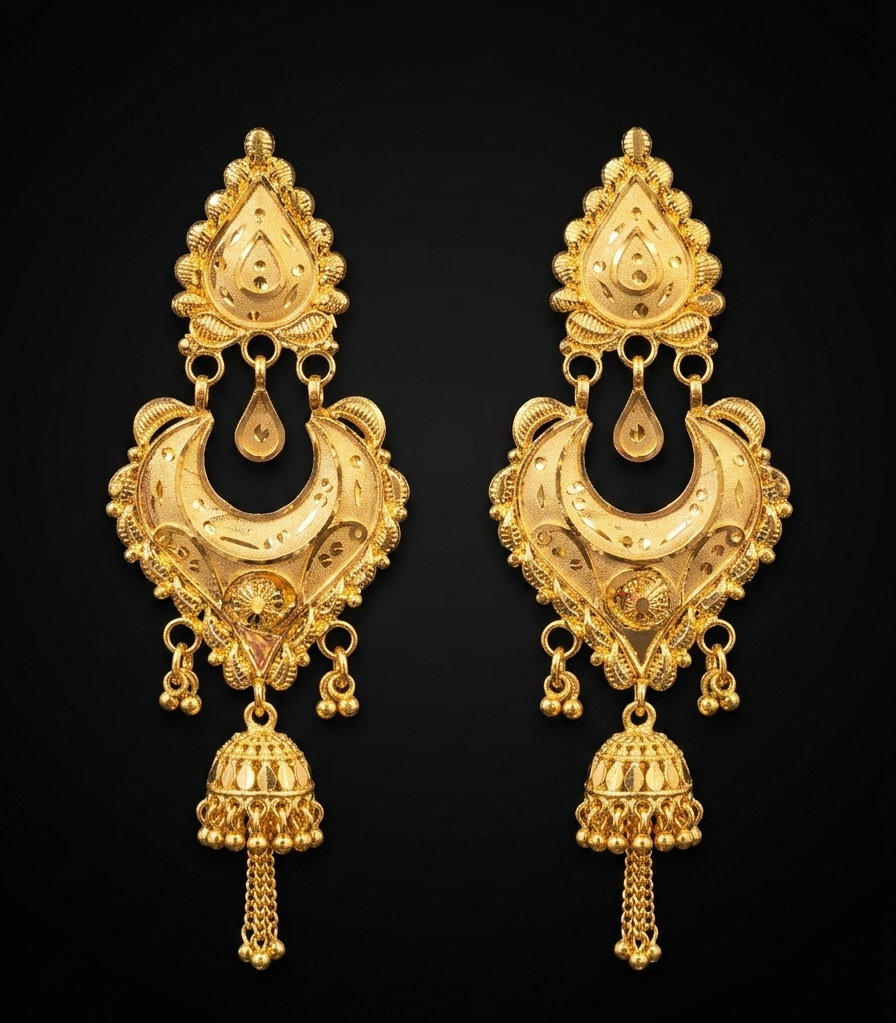 Royal Gold Textured Chandbali Jhumka Earrings