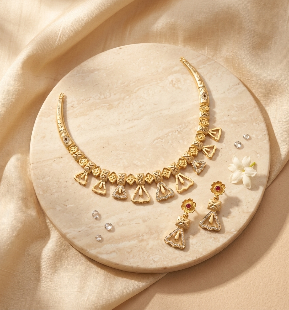 Golden Bell-Motif Contemporary Necklace Set view 2