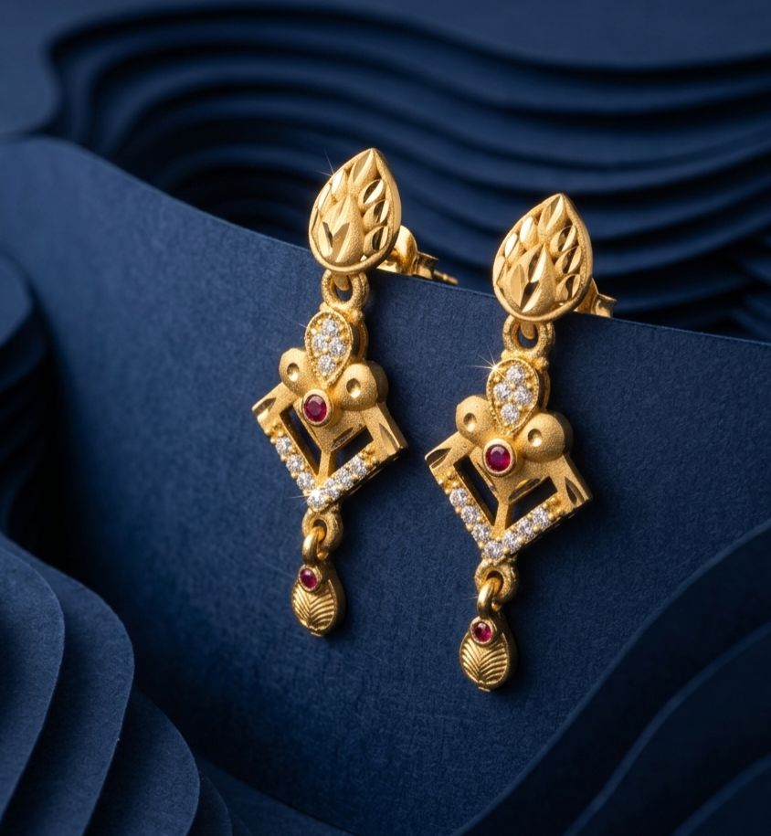 Geometric Ruby-Accented Drop Earrings view 2