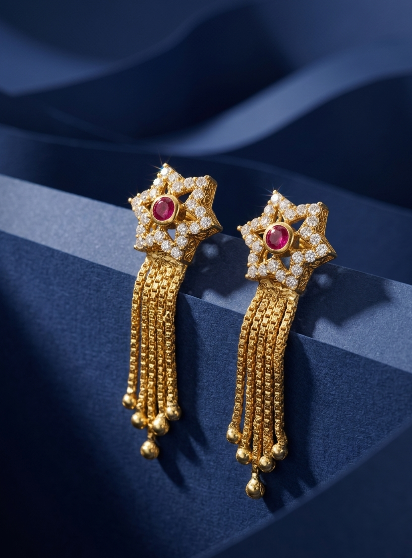 Star-Floral Ruby & Zircon Tassel Earrings view 2