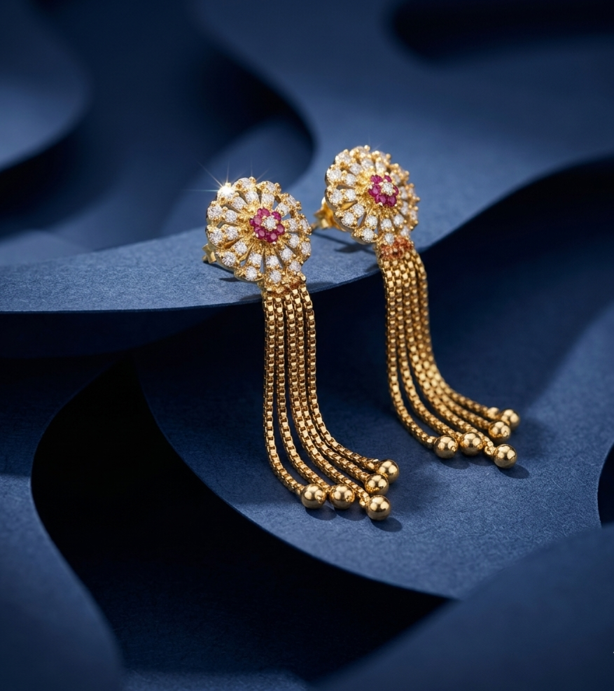 Floral Mandala Ruby & Zircon Tassel Earrings view 2