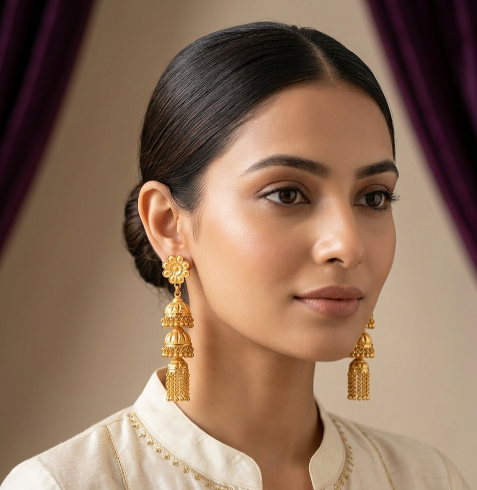 Three-Tiered Floral Gold Jhumka Earrings view 3