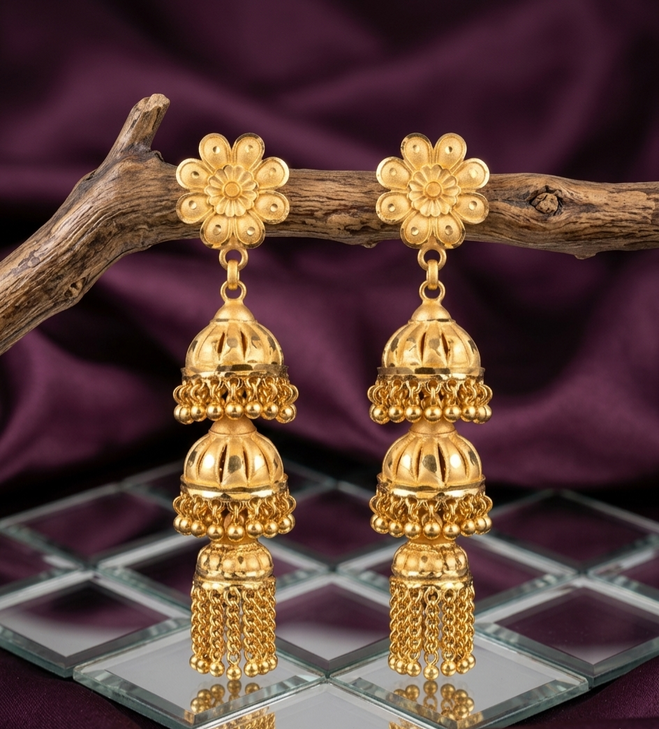 Three-Tiered Floral Gold Jhumka Earrings view 2