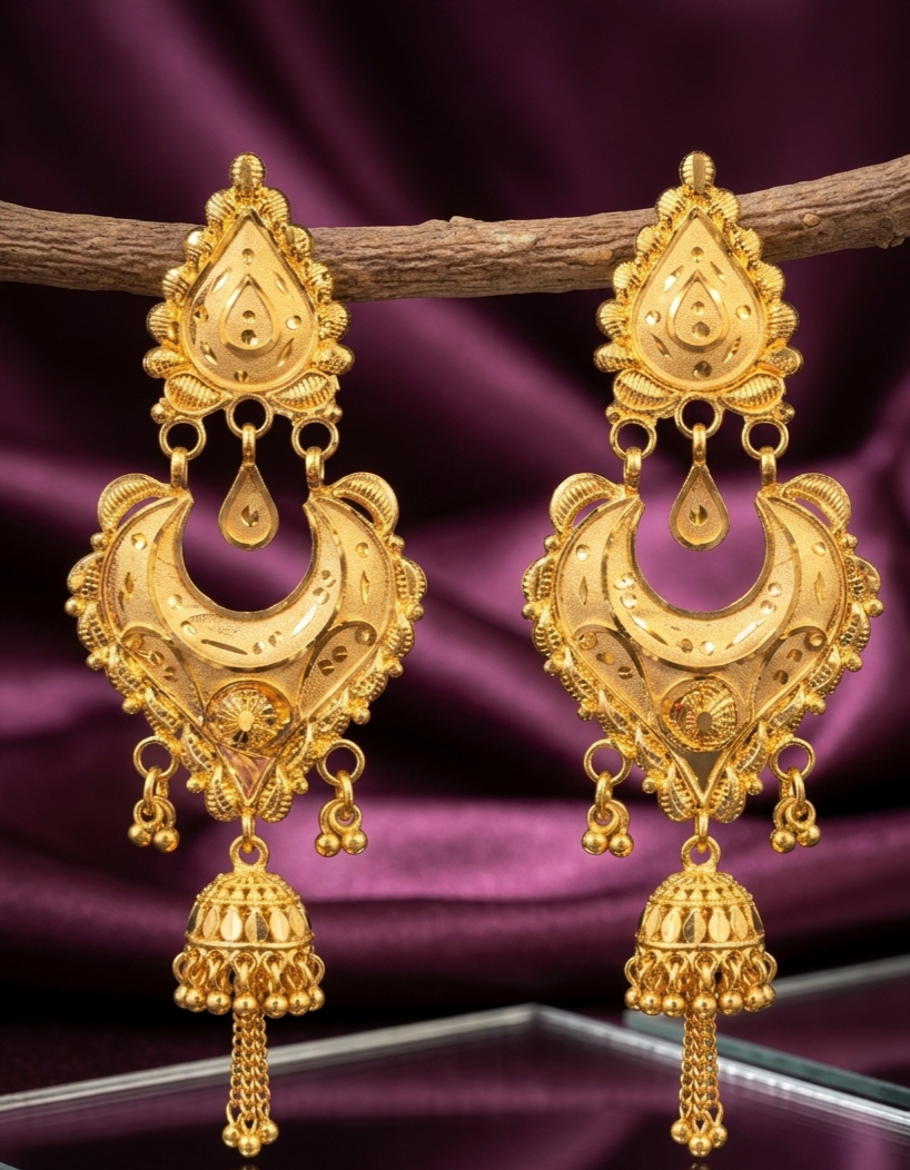 Royal Gold Textured Chandbali Jhumka Earrings view 2