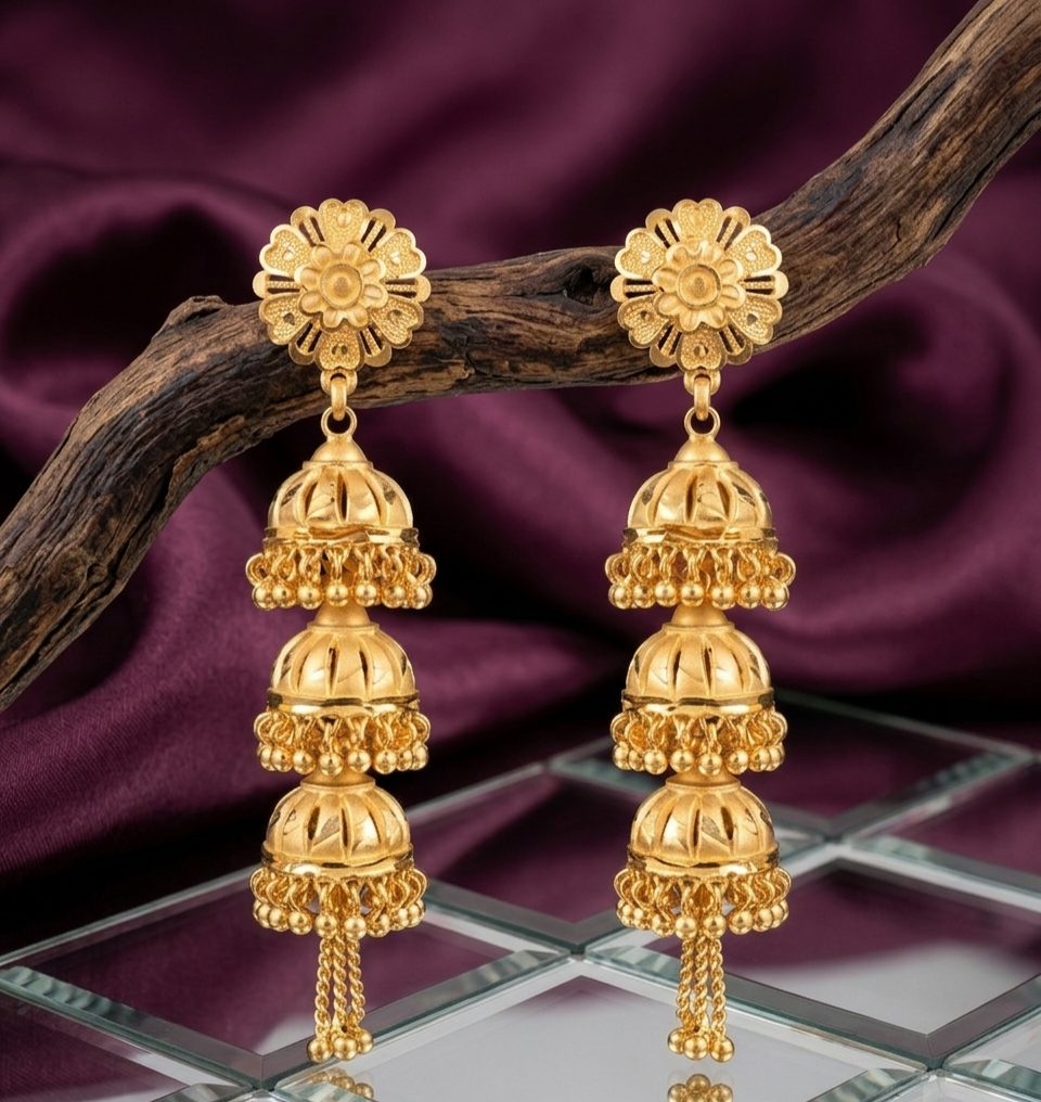 Intricate Floral Three-Tier Gold Jhumka Earrings view 2