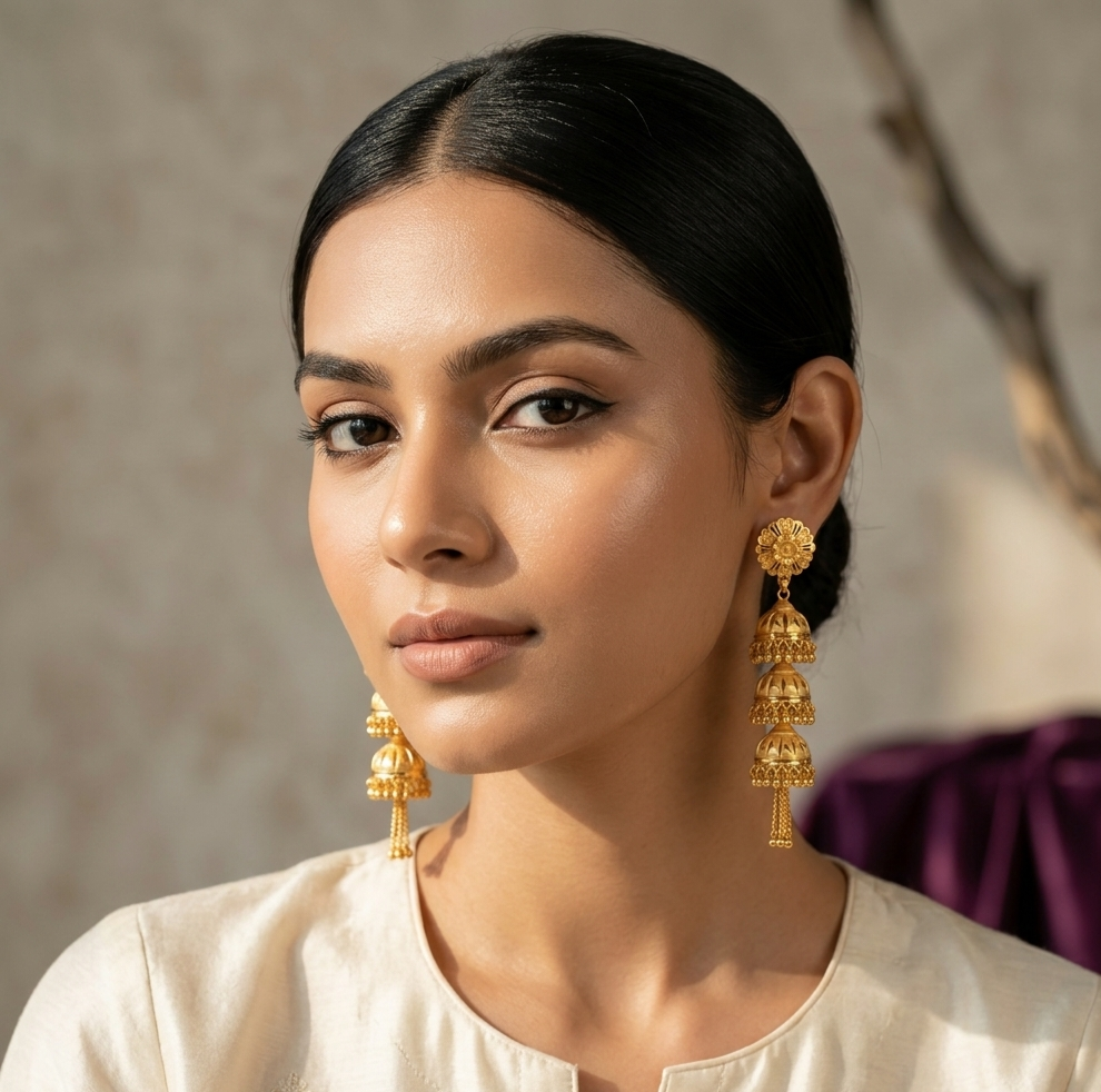 Intricate Floral Three-Tier Gold Jhumka Earrings view 3