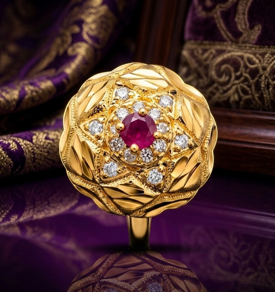 Floral Ruby & Zircon Medallion Ring view 2