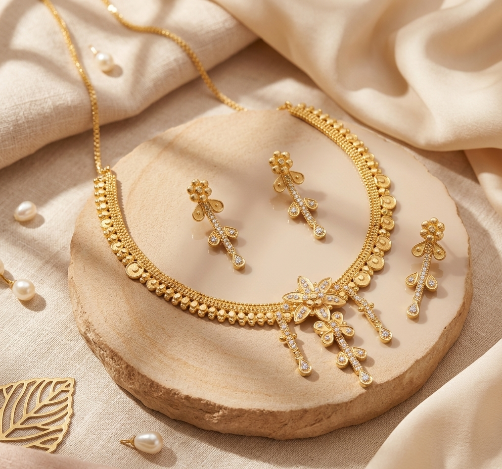 Floral Gold Finish Designer Necklace Set with Earrings view 2