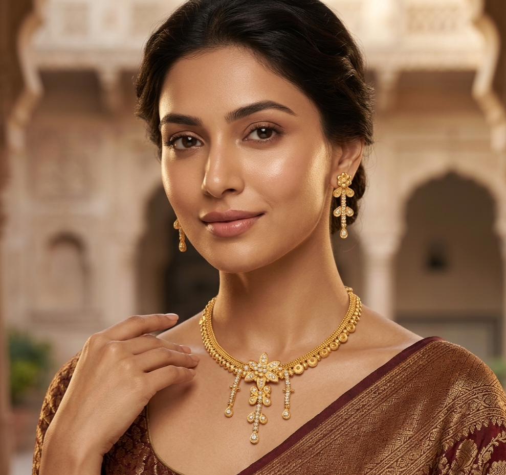 Floral Gold Finish Designer Necklace Set with Earrings view 3