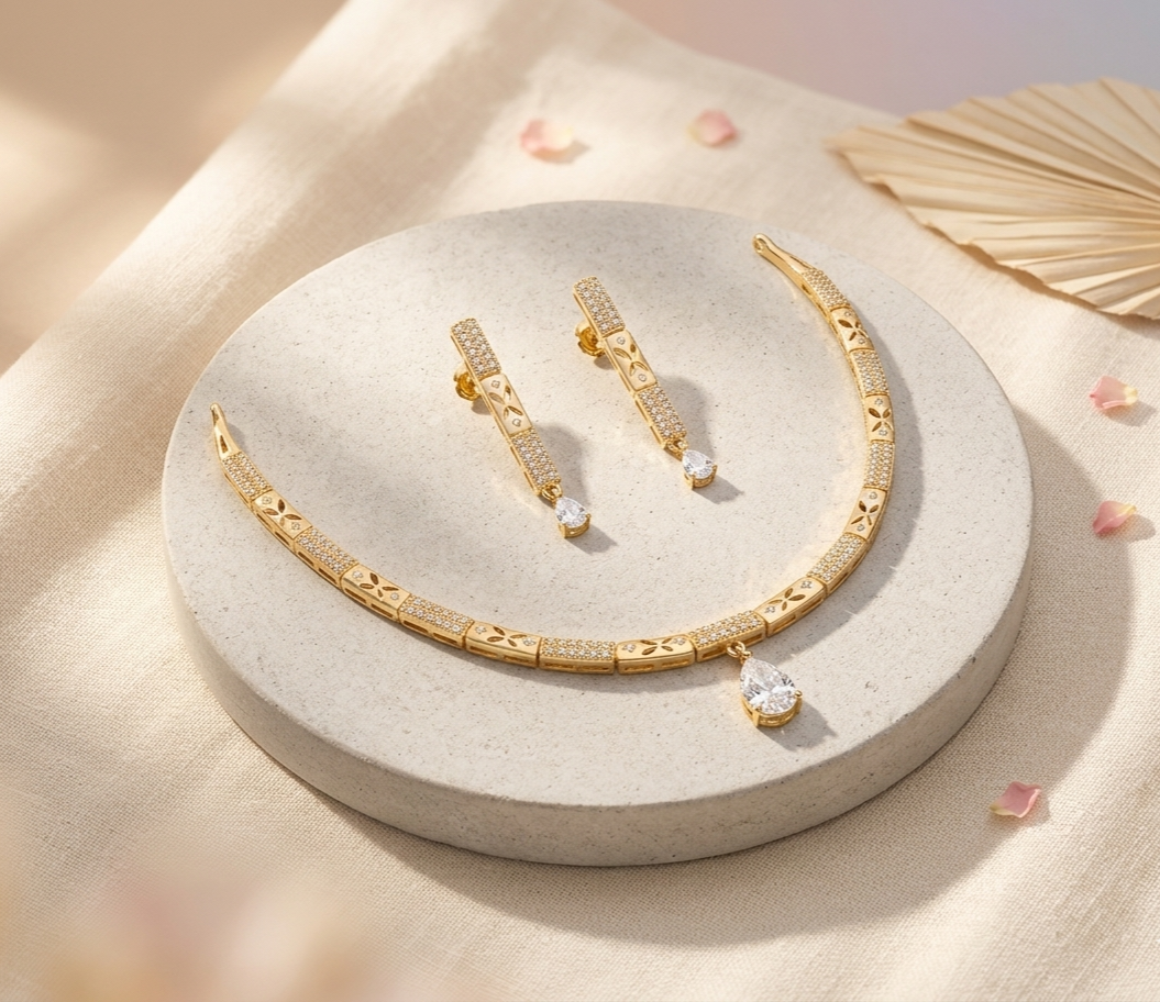 Modern Geometric Pear-Drop Necklace Set view 2