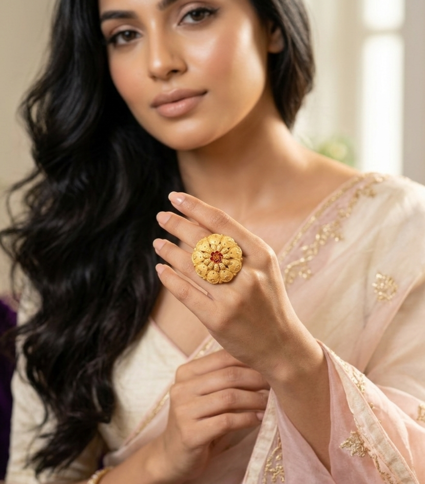 Floral Textured Meenakari Statement Ring view 3